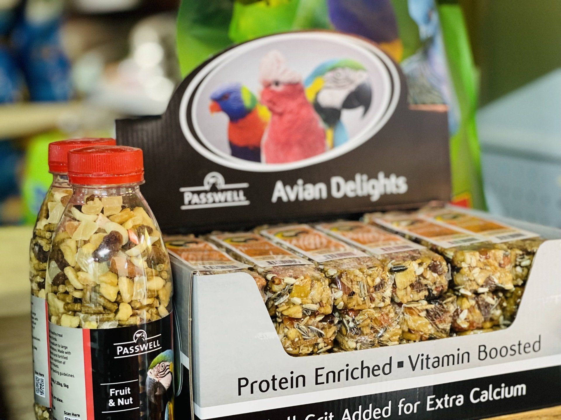 A display of protein enriched vitamin boosted food for birds