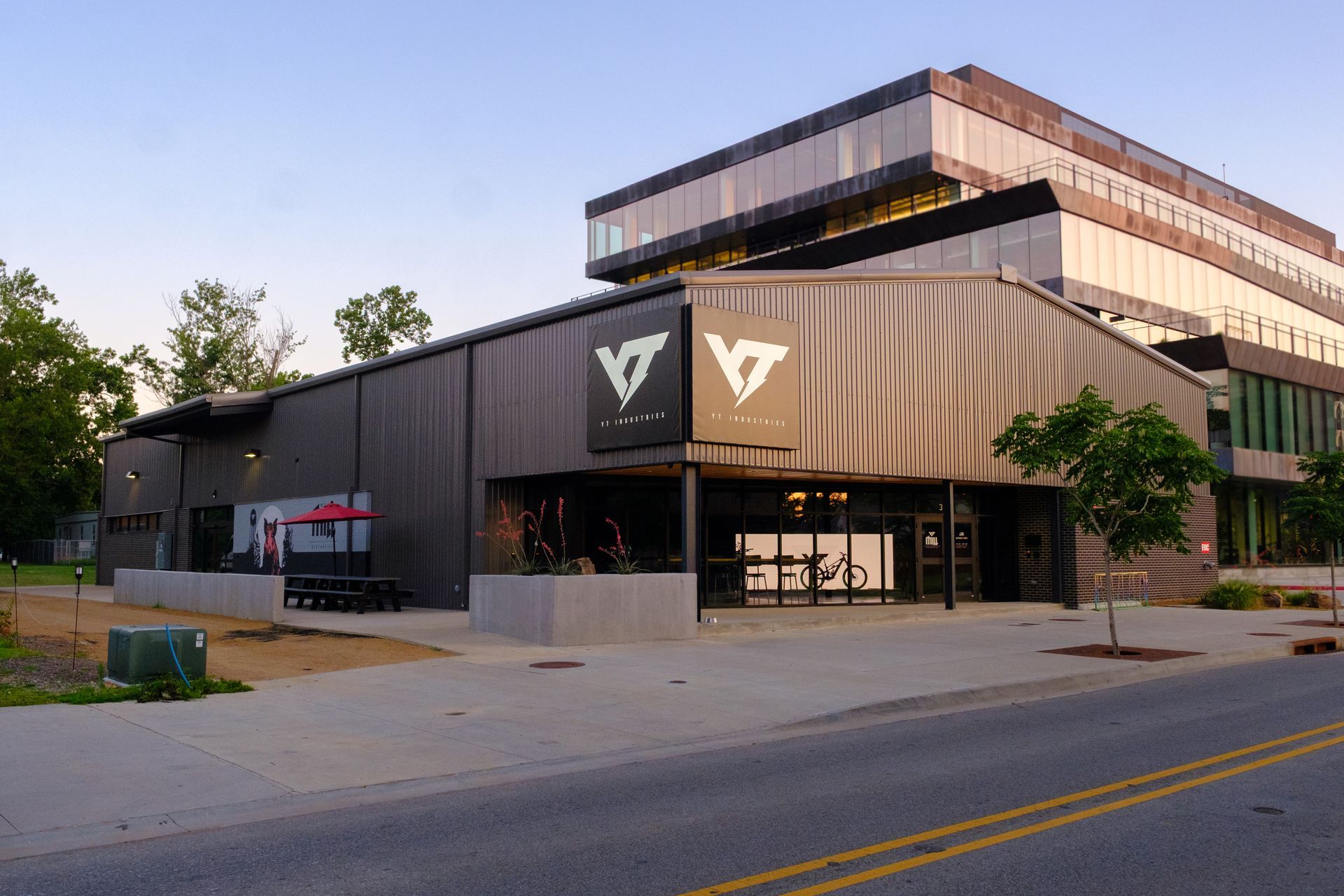 Exterior of a modern building with the letter 