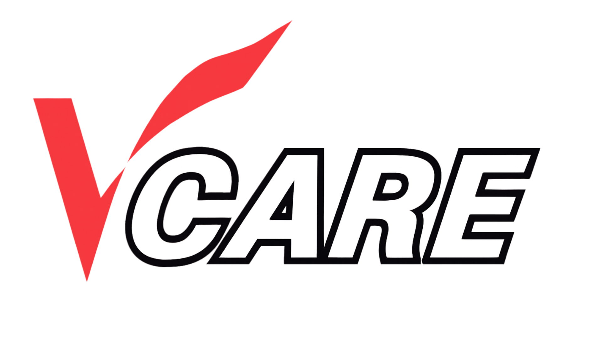 Logo for V Care; blue text with red 