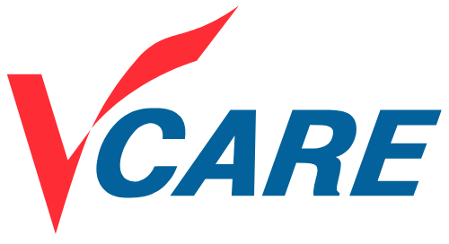 Logo for V Care; blue text with red 