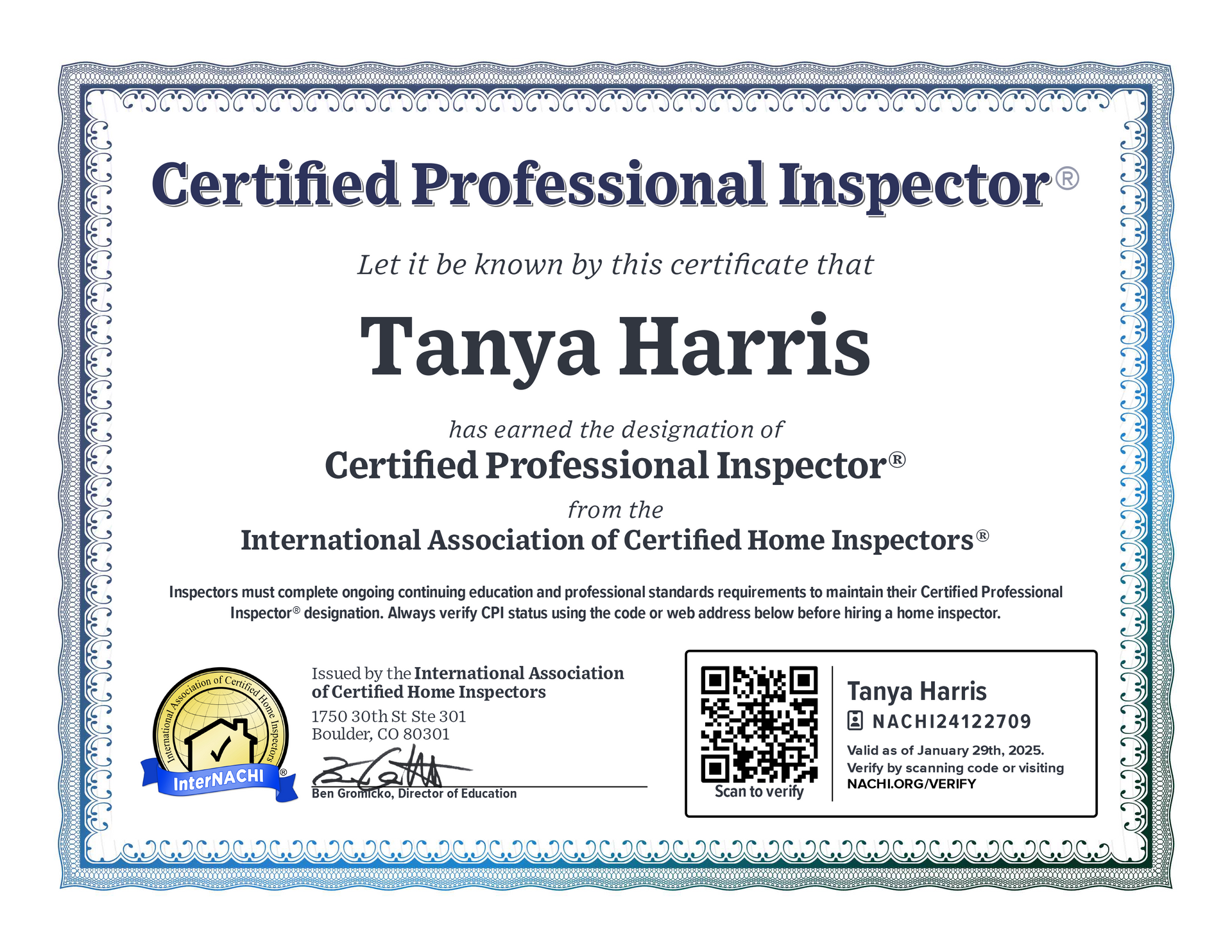 Certified Home Inspector Certificate