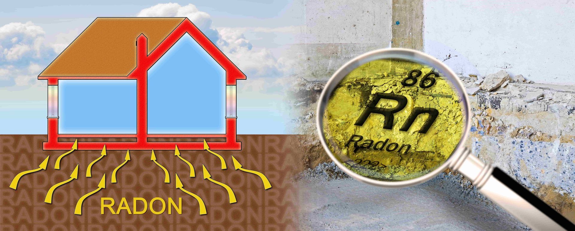 A magnifying glass is looking at radon in a house.