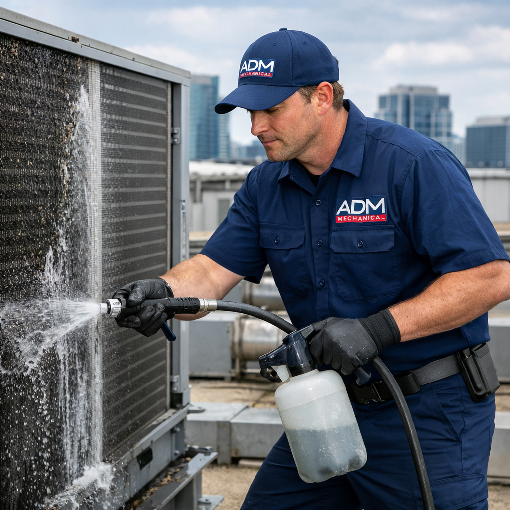 A man is installing an air conditioner on the side of a house.