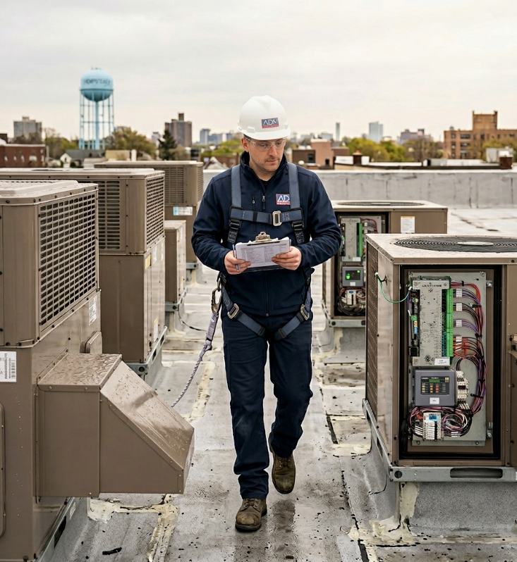 A man is installing an air conditioner on the side of a house.