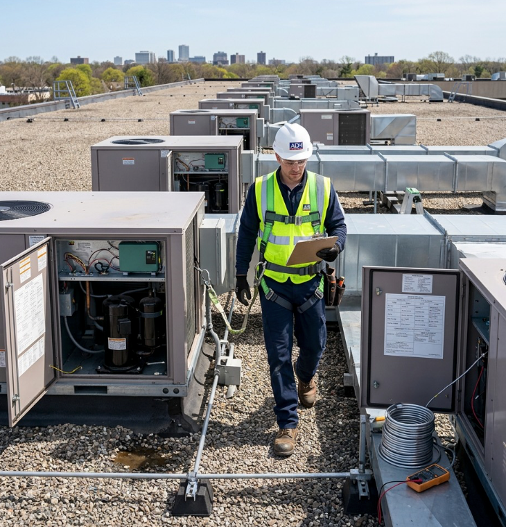 A man is installing an air conditioner on the side of a house.
