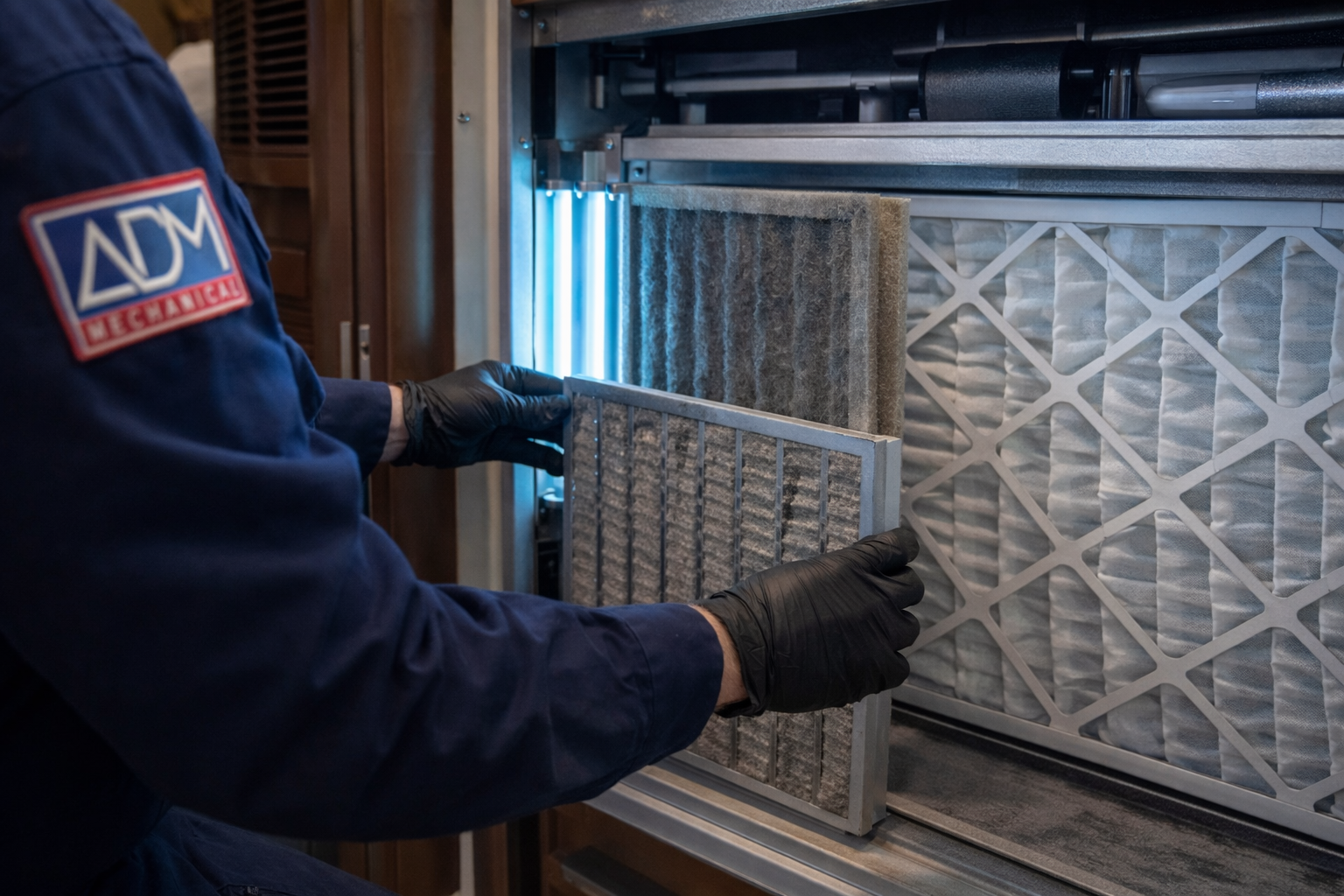 A gray air conditioner is sitting on a concrete platform outside of a house.