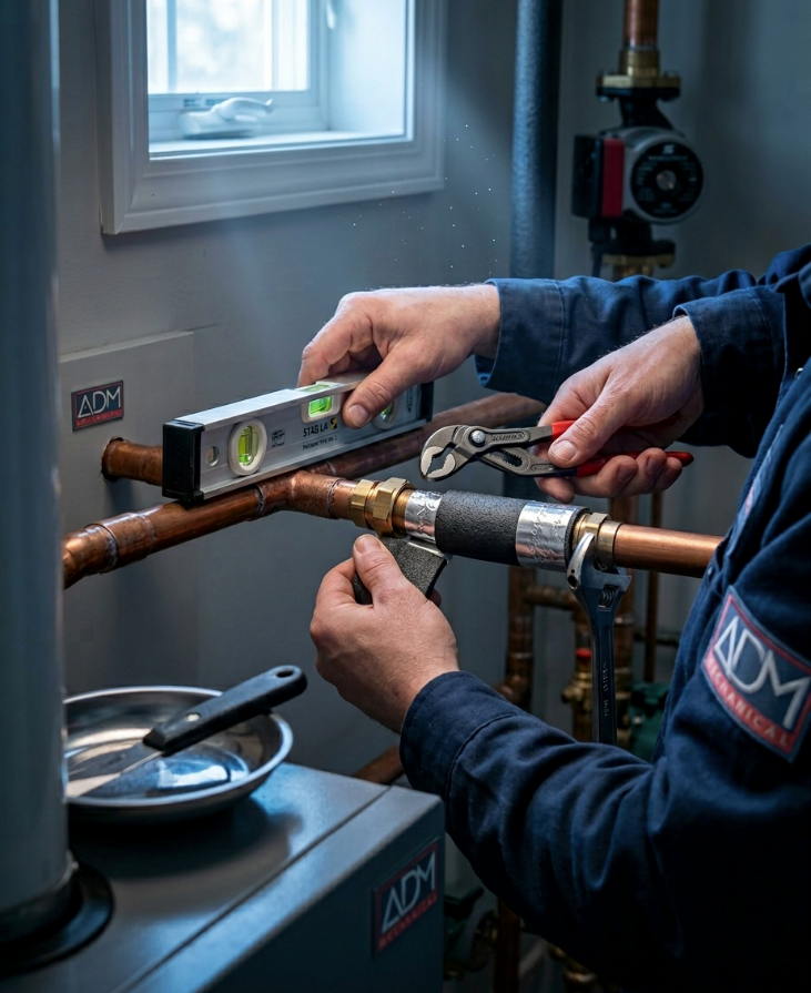 A gray air conditioner is sitting on a concrete platform outside of a house.