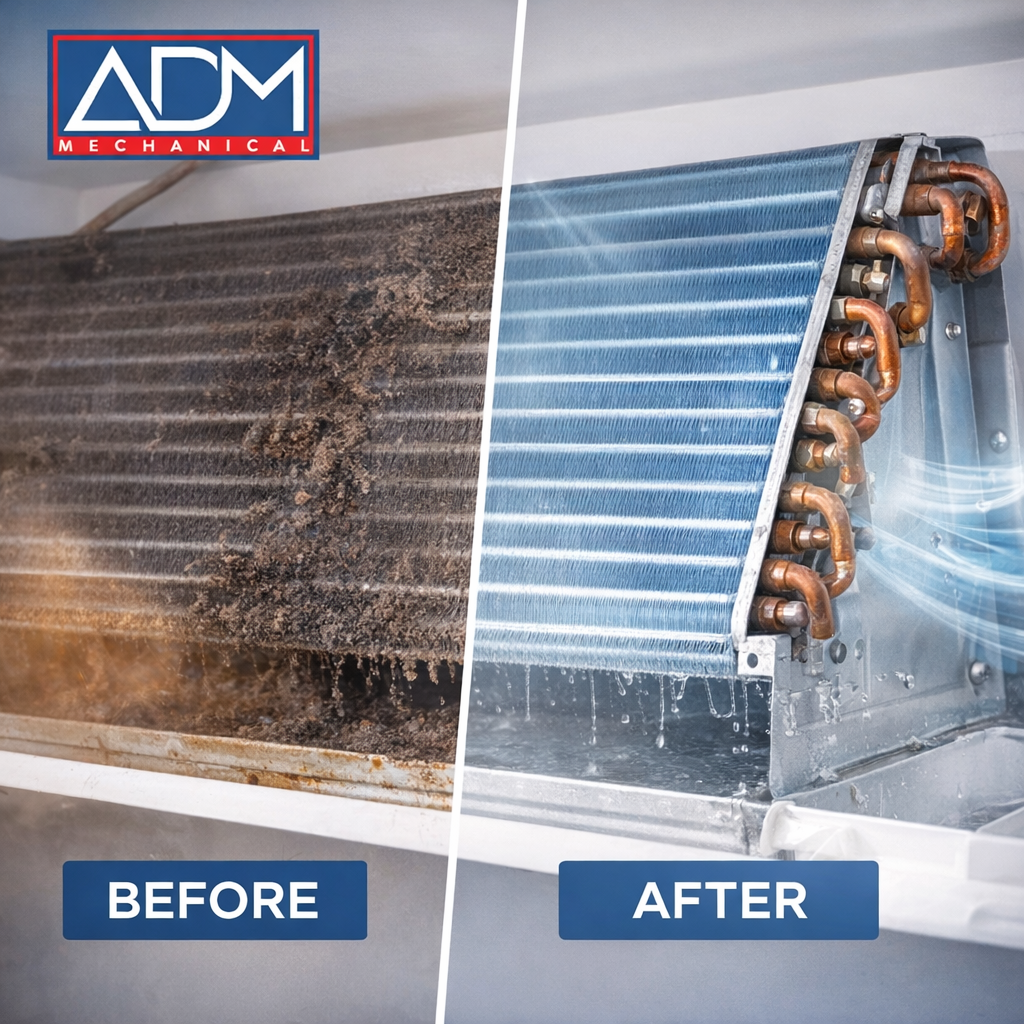 A gray air conditioner is sitting on a concrete platform outside of a house.