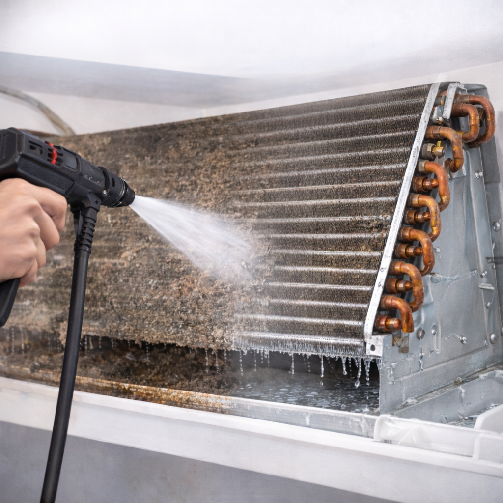 A fujitsu air conditioner is mounted on the side of a house.