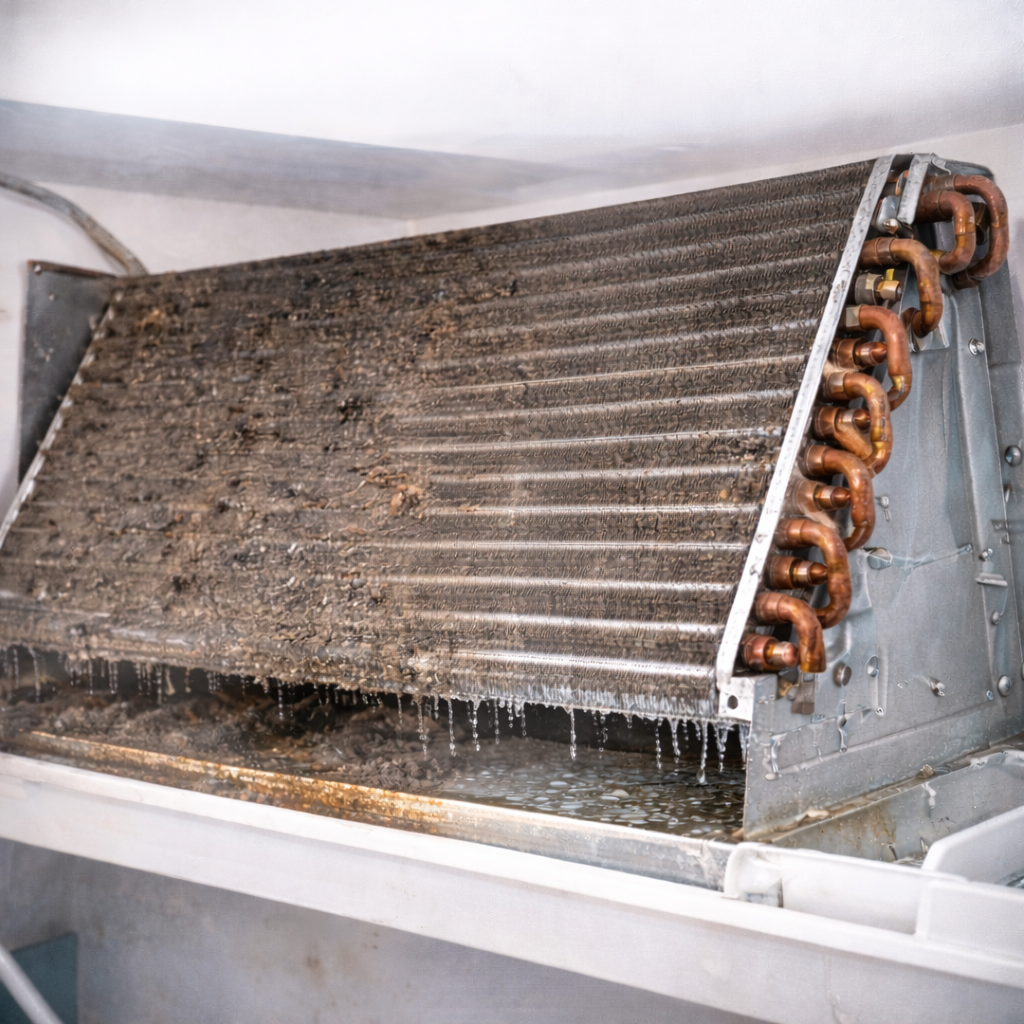 A gray air conditioner is sitting on a concrete platform outside of a house.