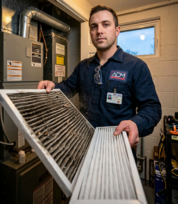 A man is installing an air conditioner on the side of a house.