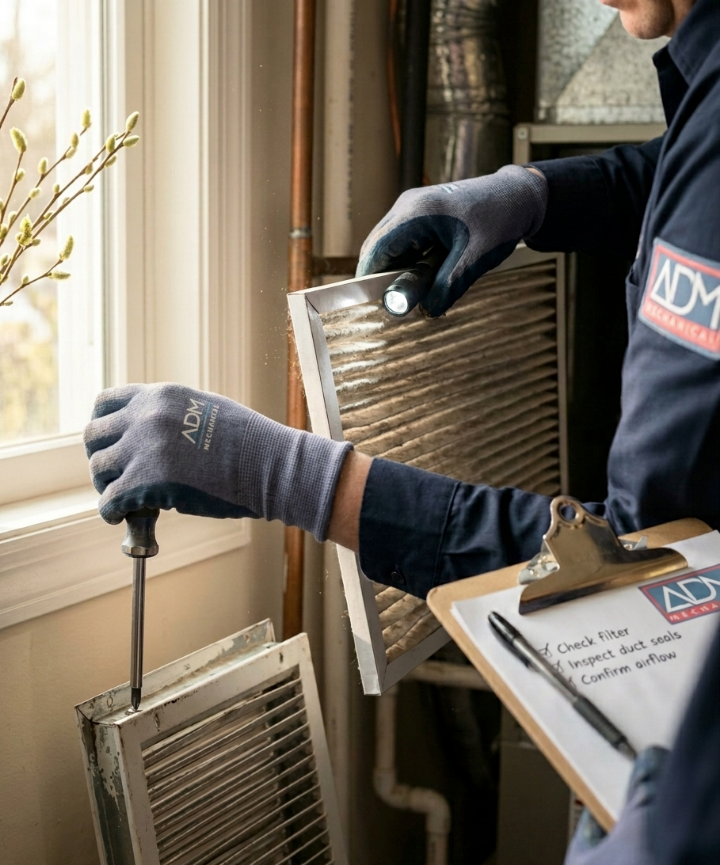 A man is installing an air conditioner on the side of a house.