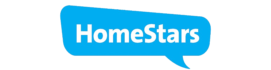 A blue speech bubble with the word homestars on it