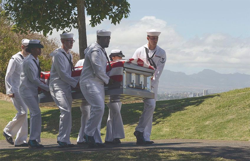 U.S Navy members carrying casket in CA