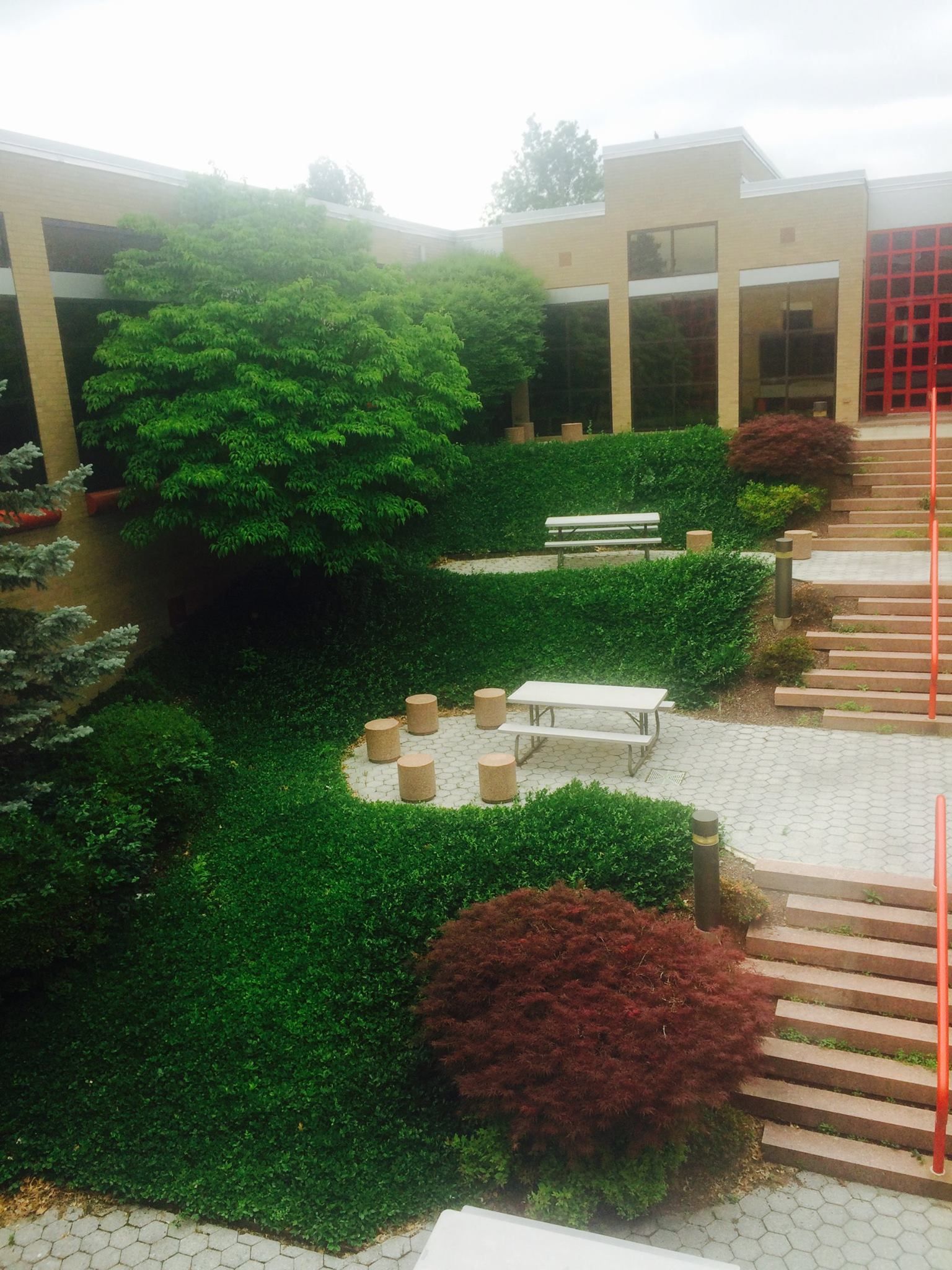 Outdoor courtyard with landscaping, seating areas, and stairs adjacent to a building with windows.