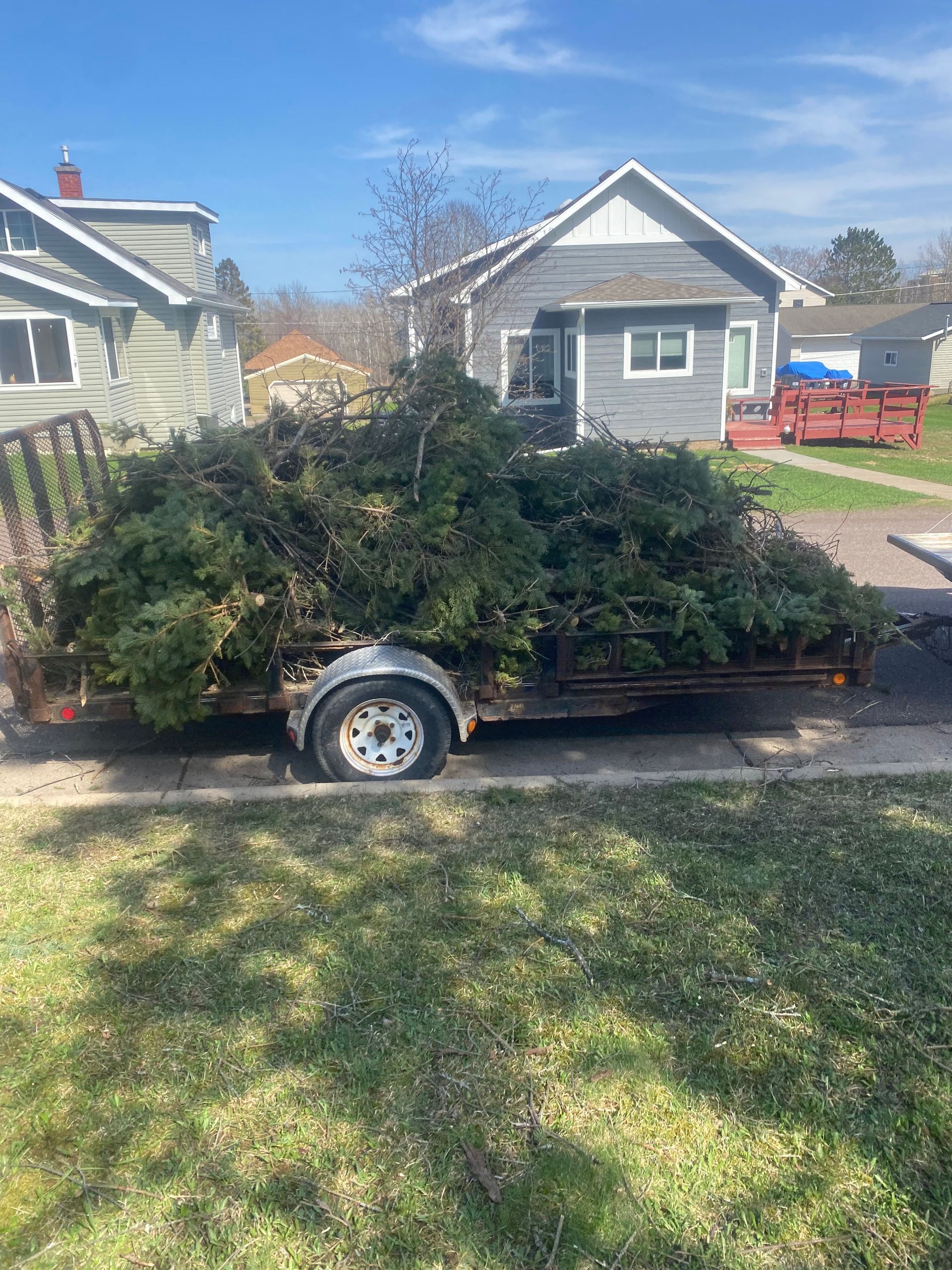 A trailer filled with christmas trees is parked in front of a house.