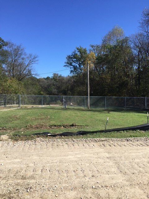 A dirt road leading to a grassy field with a fence and trees in the background.