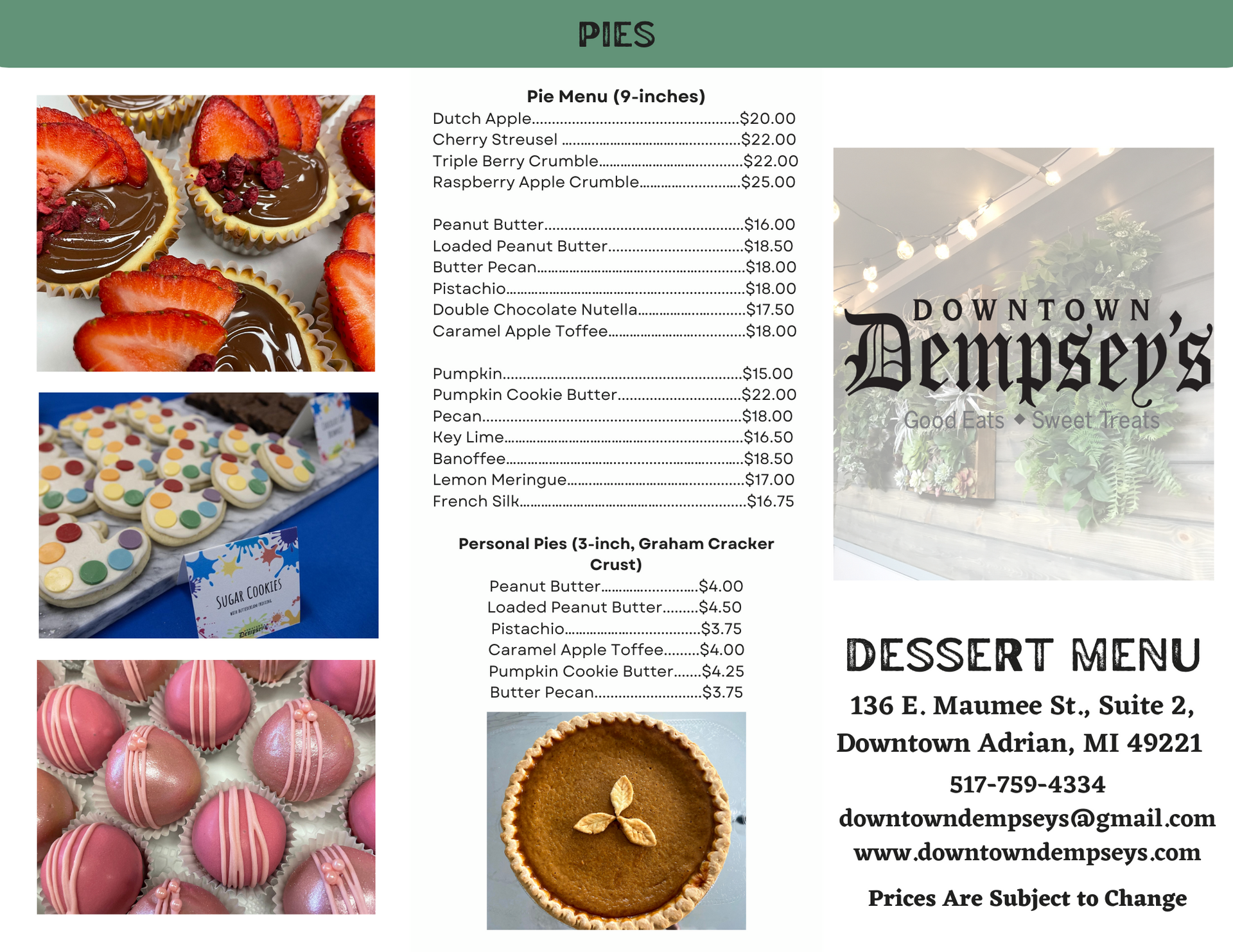 Dessert Menu - Adrian, MI - Downtown Dempsey’s