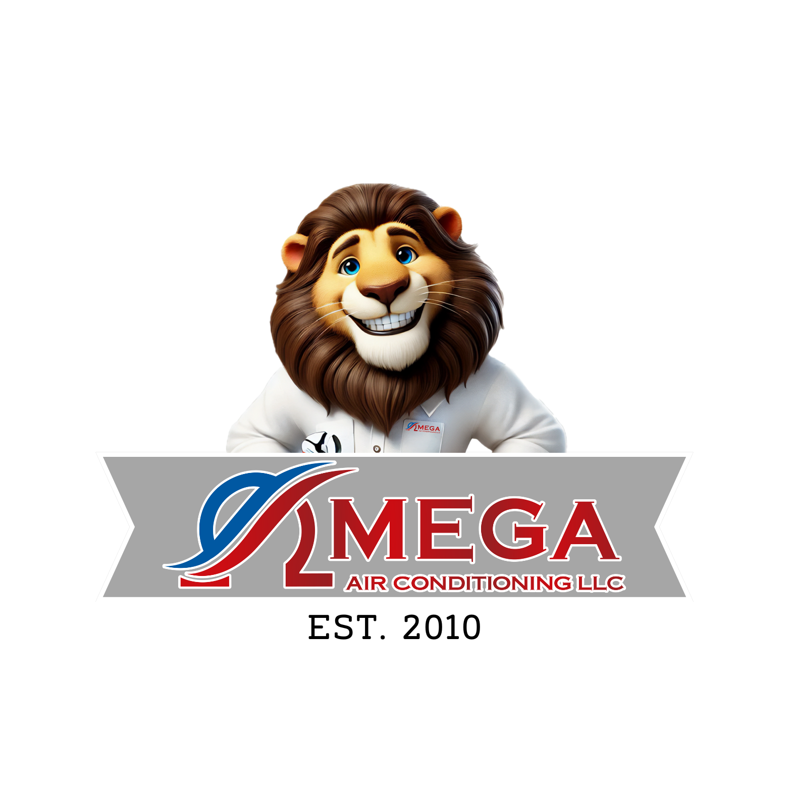 OMEGA Air Conditioning logo with a smiling lion mascot above a gray banner, EST. 2010