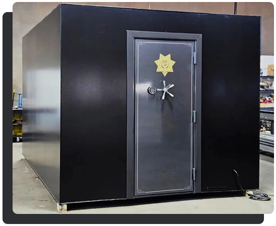 Black rectangular vault with a large steel door.