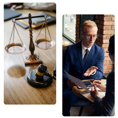 A scale of justice and gavel on a desk, and a lawyer discussing documents with a client.