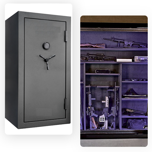 Gun safe with interior, displaying firearms and storage.