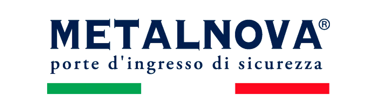 Logo per Metalnova, azienda italiana produttrice di porte d'ingresso blindate, con il nome del marchio e la bandiera italiana.