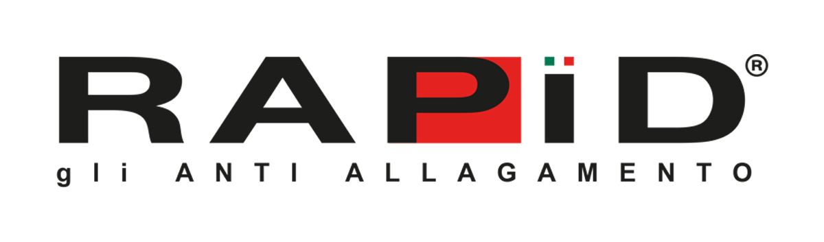 Logo aziendale per RAPiD: gli ANTI ALLAGAMENTO, caratterizzato da testo nero con una P rossa e un piccolo accento a forma di bandiera italiana.