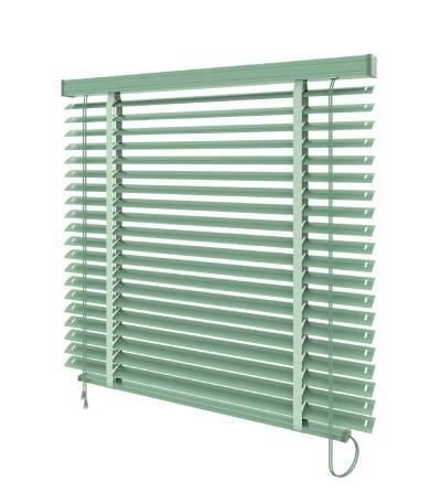 Una finestra moderna con infissi scuri e persiane effetto legno, incastonata in una parete esterna bianca sotto una sporgenza del tetto in legno.