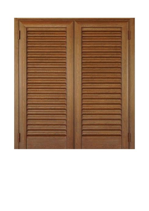 Una coppia di persiane a lamelle di colore azzurro chiaro, montate su una cornice bianca.