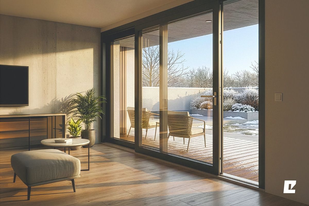 Un luminoso soggiorno con pavimento in legno, un pouf e ampie porte scorrevoli in vetro che si aprono su un patio esterno innevato.