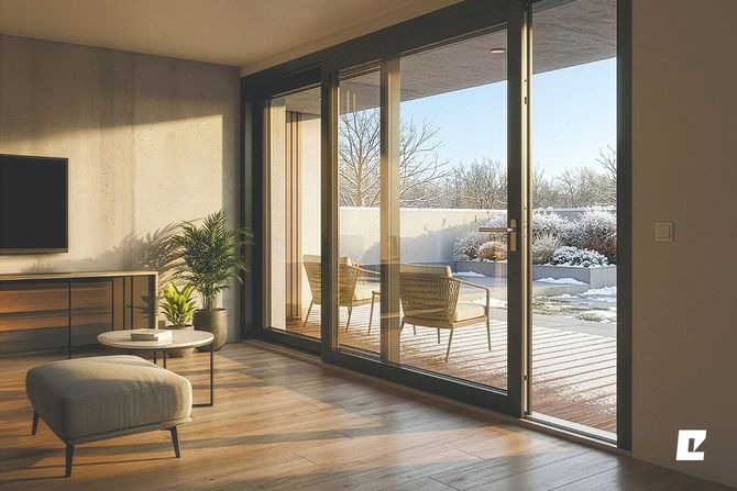 Un luminoso soggiorno con pavimento in legno, un pouf e ampie porte scorrevoli in vetro che si aprono su un patio esterno innevato.