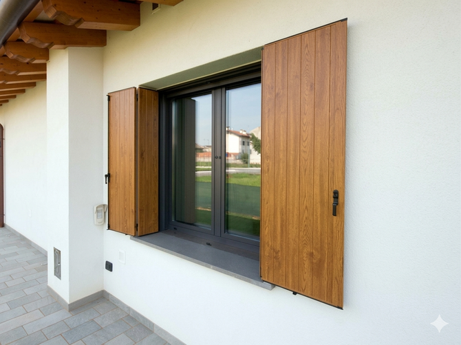 Una finestra moderna con infissi scuri e persiane effetto legno, incastonata in una parete esterna bianca sotto una sporgenza del tetto in legno.