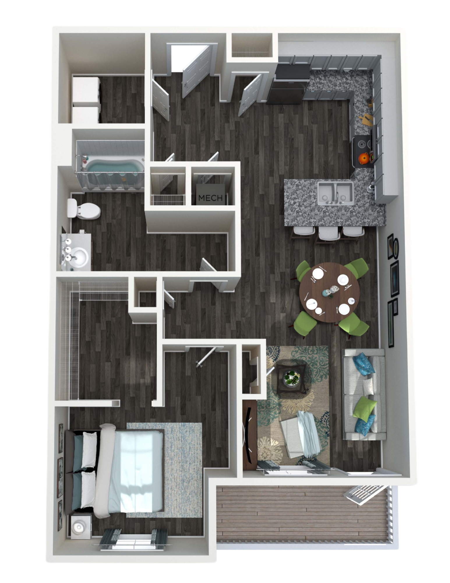 A 3d floor plan of a house with two bedrooms and a living room.