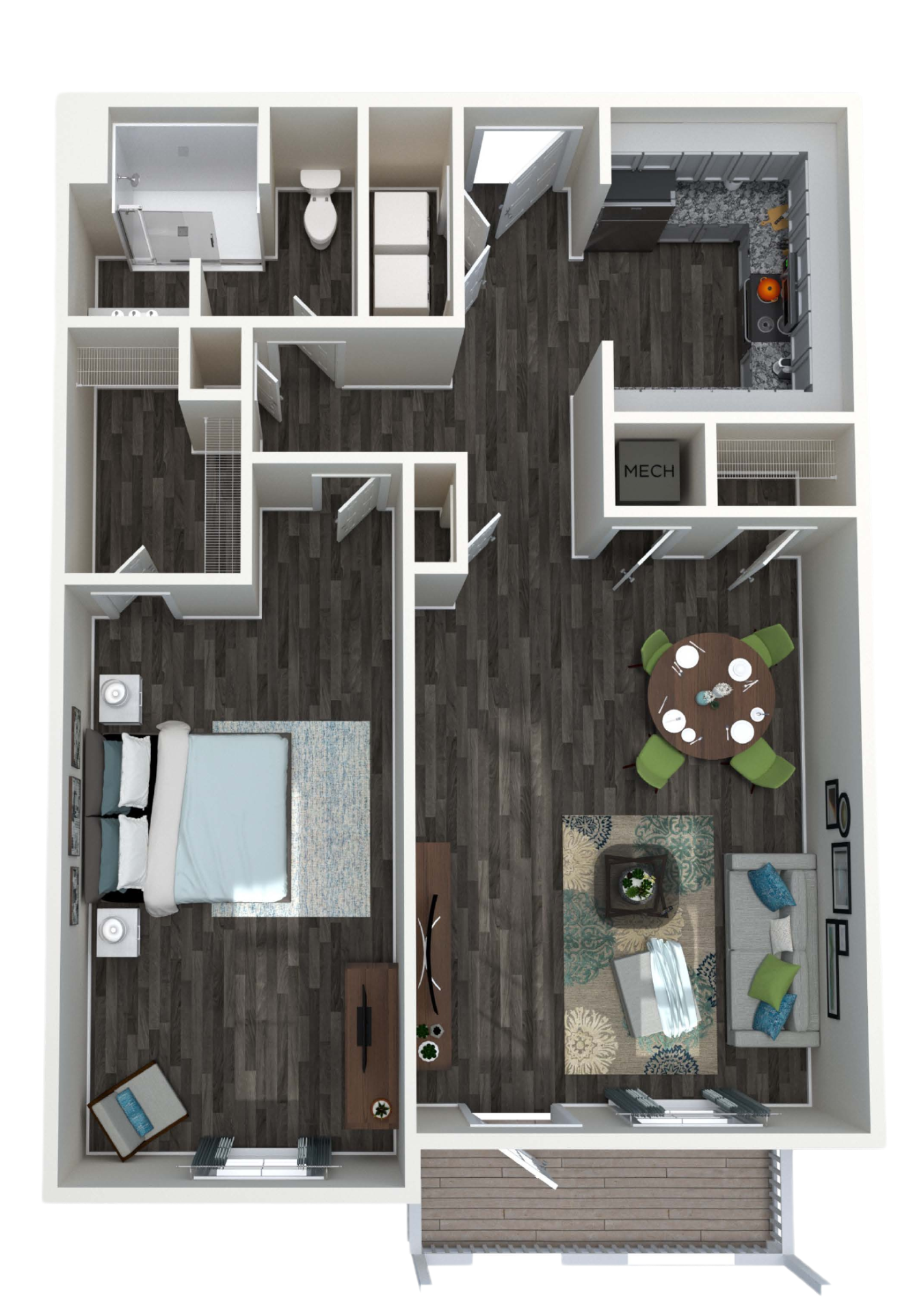 A 3d floor plan of a house with two bedrooms and a balcony.