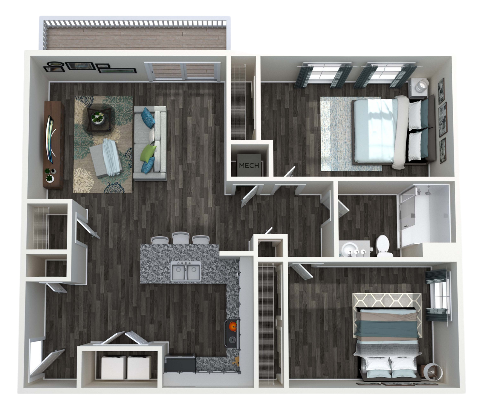 A 3D floor plan of the Lincoln Layout - 2 bedroom , living room , and bathroom.