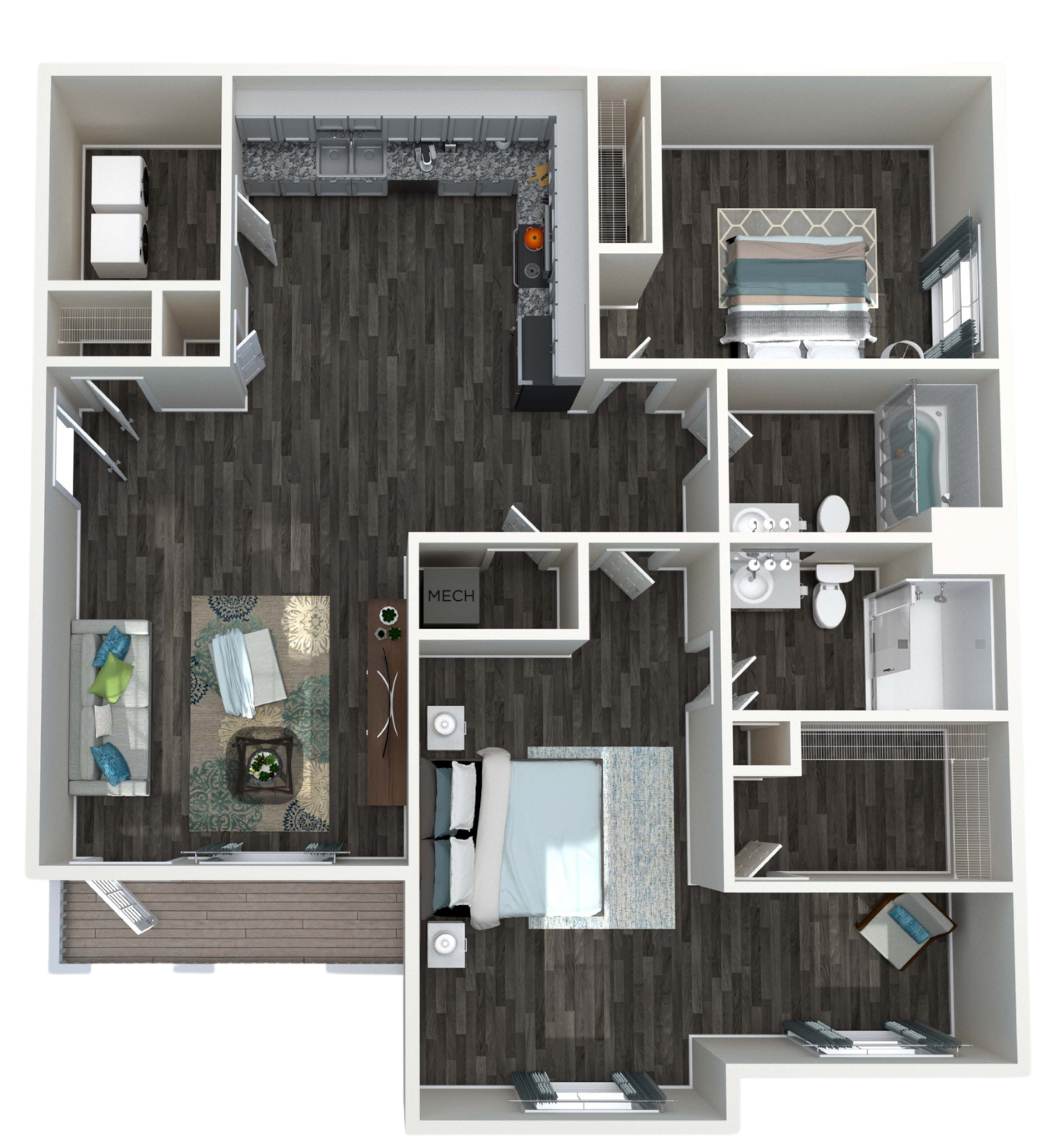 A 3D floor plan of the Perrin Layout - 2 bedroom , living room , and bathroom.