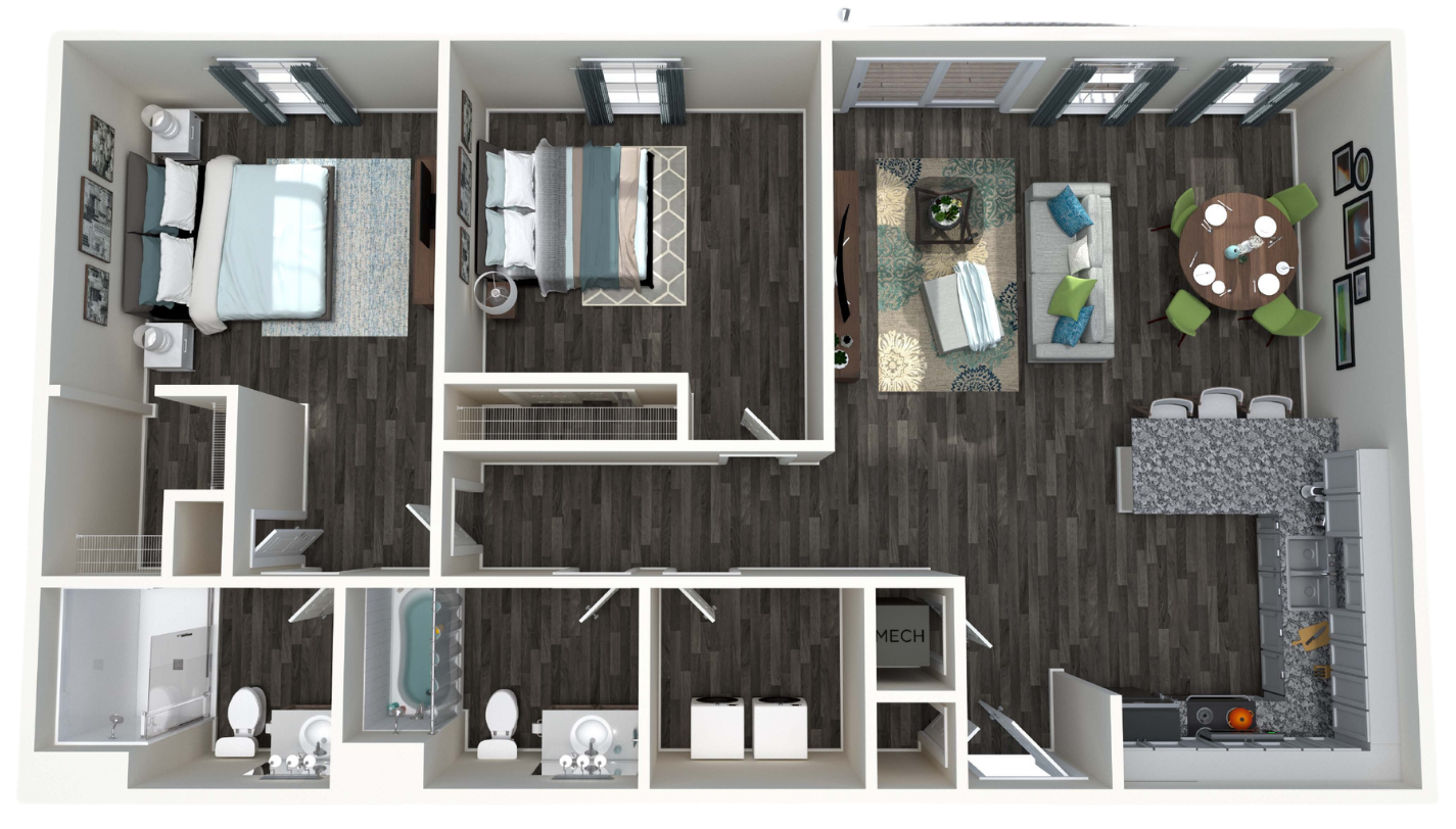 A 3D floor plan of the Vinton Layout - 2 bedroom , living room , and bathroom.