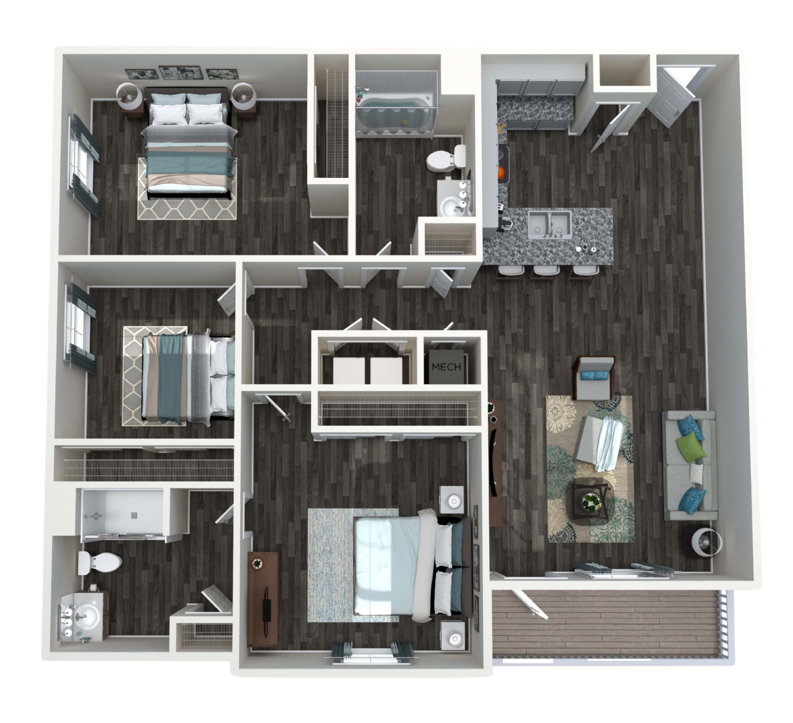 A 3D floor plan of the Wabash Layout - 3 bedroom , living room , and bathroom.