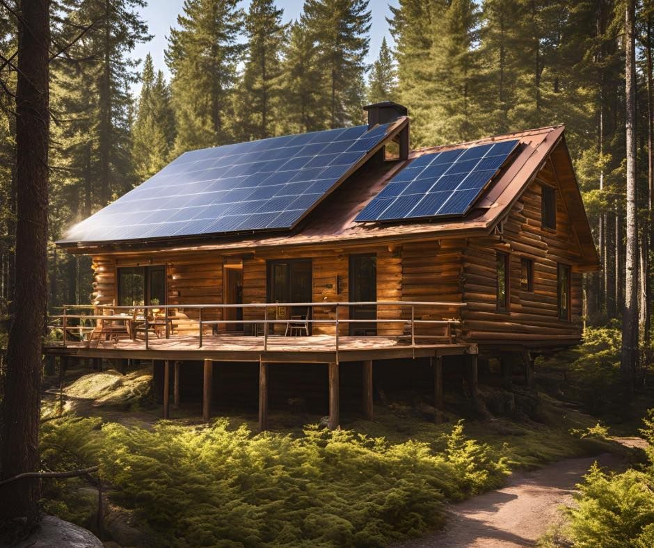 A log cabin with solar panels on the roof
