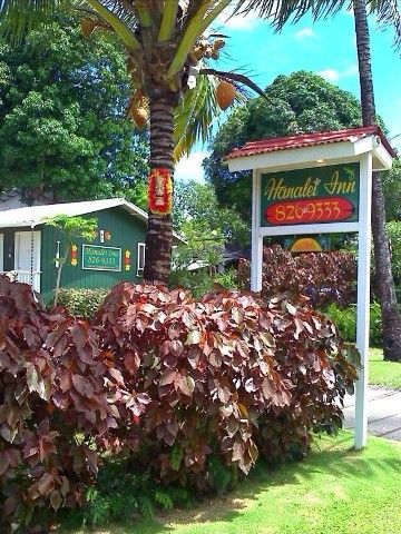 A sign that says 'Hanalei Inn' on it in front of a palm tree