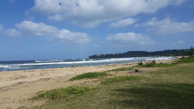 A beach with waves crashing on the shore on a sunny day.