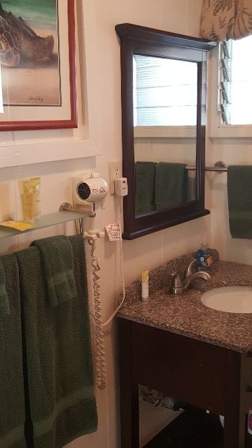 A bathroom with a sink a mirror and a hair dryer