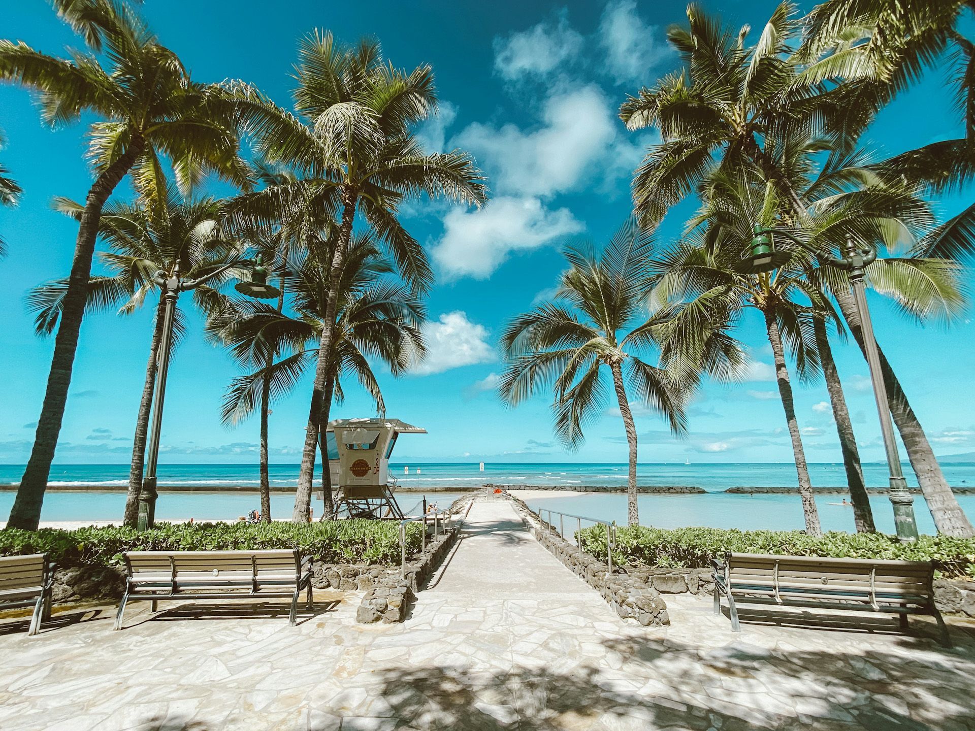 A walkway leading to a beach with palm trees and a lifeguard tower.