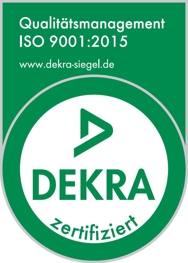 Zertifizierungssiegel der DEKRA DEKRA ISO 9001:2015 Qualitätsmanagement-Zertifizierungssiegel, grün und weiß, mit Website-Adresse.