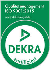 DEKRA ISO 9001:2015 Qualitätsmanagement-Zertifizierungssiegel, grün und weiß, mit Website-Adresse.