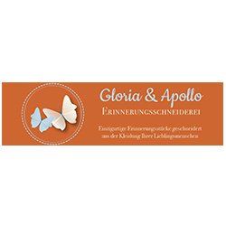 The logo for gloria & apollo erinnerungsschneiderei has three butterflies on it.