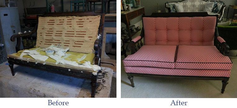before and after red loveseat