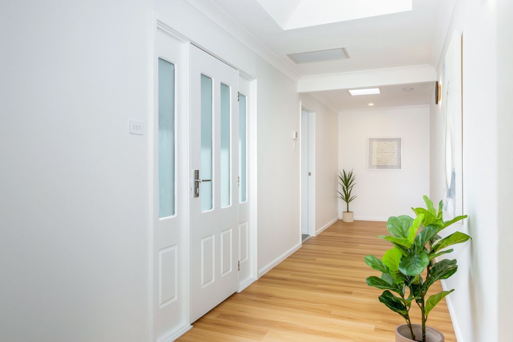 Hallway with light wood floors, white walls, and a glass-paned door. A potted plant sits in the foreground.