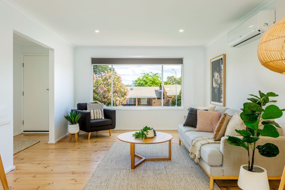 Living room with couch, armchair, wooden coffee table, rug, large window, and plants.